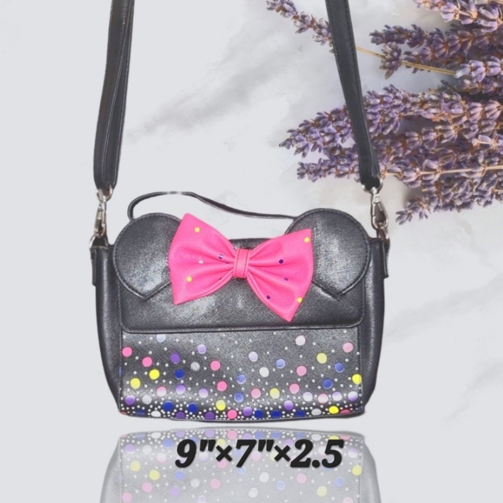 Loungefly Black Crossbody Bag with Pink Bow and Multicolor Dots